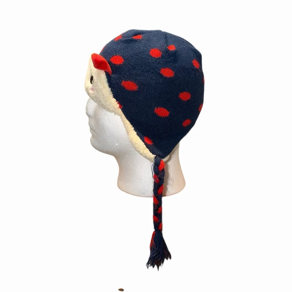 Girls Lady Bug Face Winter Knit Hat With Ear‎ Flaps Blue Red Beanie